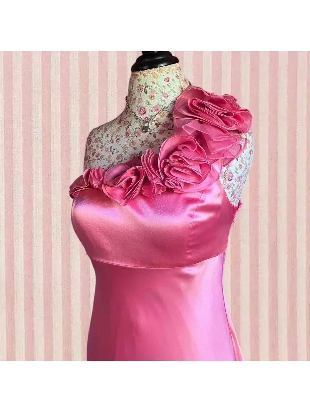 silk pink floor length dress with floral ruffles - Picture 7 of 8